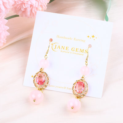 Multifacted Natural Crystal Rose Quartz Round Shape Bead With Pink Oval Shape Charm Beaded Earring