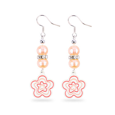 8mm Beads Pink Freshwater Pearls Dangle Hook Earrings Flower Charm