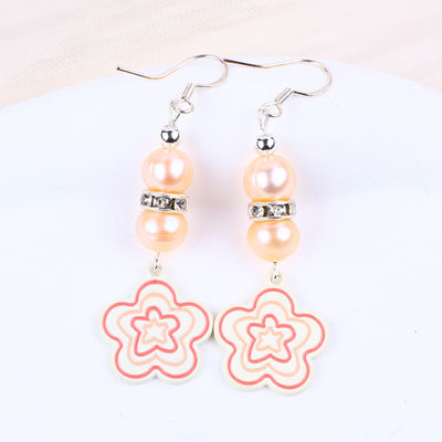 8mm Beads Pink Freshwater Pearls Dangle Hook Earrings Flower Charm