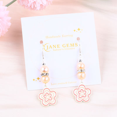 8mm Beads Pink Freshwater Pearls Dangle Hook Earrings Flower Charm