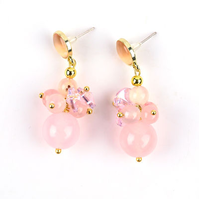 Pink Chalcedony Crystal Stone Unique DIY Oval Pendant Round Bead Stud Earrings For Daily Wear