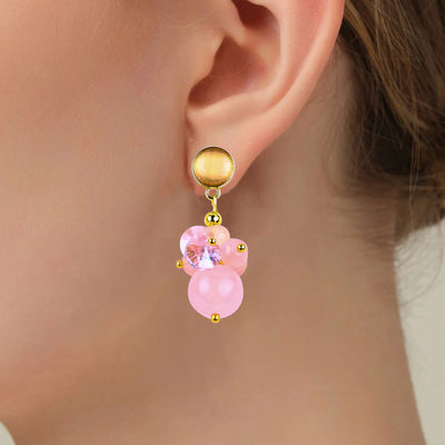 Pink Chalcedony Crystal Stone Unique DIY Oval Pendant Round Bead Stud Earrings For Daily Wear
