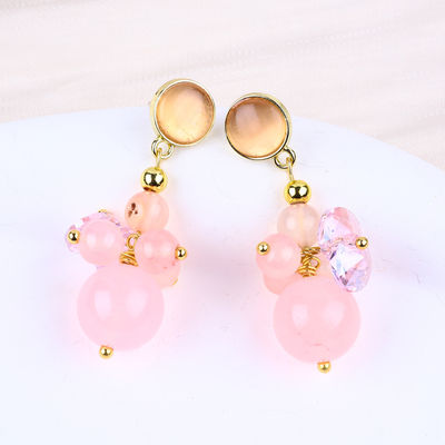 Pink Chalcedony Crystal Stone Unique DIY Oval Pendant Round Bead Stud Earrings For Daily Wear