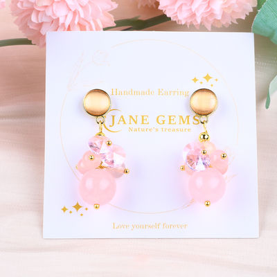 Pink Chalcedony Crystal Stone Unique DIY Oval Pendant Round Bead Stud Earrings For Daily Wear