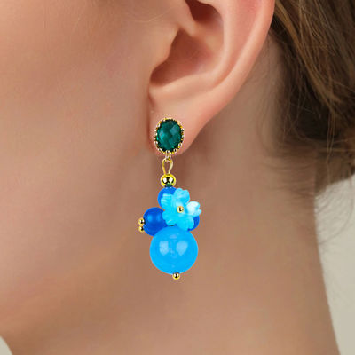 Blue Chalcedony Crystal Handmade DIY Oval Pendant Bead Stud Earrings Suitable For Daily Wear