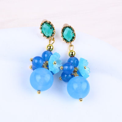Blue Chalcedony Crystal Handmade DIY Oval Pendant Bead Stud Earrings Suitable For Daily Wear