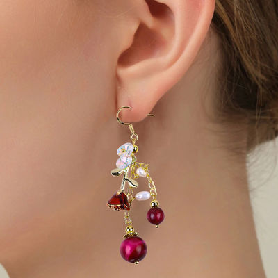 10MM 8MM Rose Red Tiger Eye Crystal And White Pearl With Rose Flower Dangle Long Earring For Party And Daily Wear