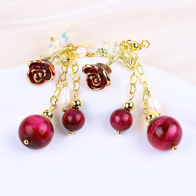 10MM 8MM Rose Red Tiger Eye Crystal And White Pearl With Rose Flower Dangle Long Earring For Party And Daily Wear
