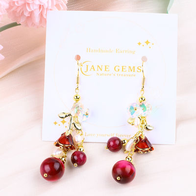 10MM 8MM Rose Red Tiger Eye Crystal And White Pearl With Rose Flower Dangle Long Earring For Party And Daily Wear