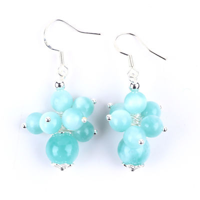 Handmade Light Lake Blue Jade Healing Spiritual Round Bead  Flower Dangle Earring For Jewelry Gift