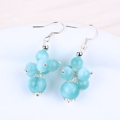 Handmade Light Lake Blue Jade Healing Spiritual Round Bead  Flower Dangle Earring For Jewelry Gift