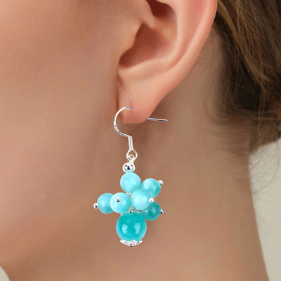 Handmade Light Lake Blue Jade Healing Spiritual Round Bead  Flower Dangle Earring For Jewelry Gift
