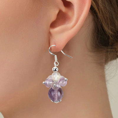 Natural Stone Earring 8MM 10MM Healing Lavender Azeztulite Crystal Bead Dangle Flower Earring
