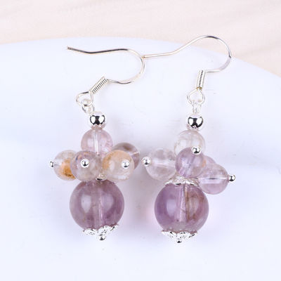 Natural Stone Earring 8MM 10MM Healing Lavender Azeztulite Crystal Bead Dangle Flower Earring