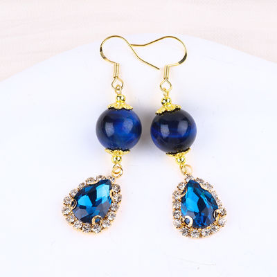 Custom 12MM Crystal Stone Blue Tiger Eye With Blue Sparkling Tear Drop Charm Short Earring For Gift Giving