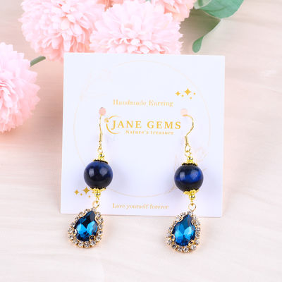 Custom 12MM Crystal Stone Blue Tiger Eye With Blue Sparkling Tear Drop Charm Short Earring For Gift Giving