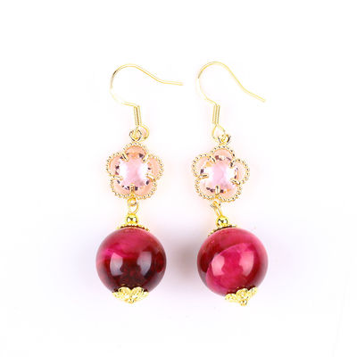 14MM Rose Red Tiger Eye With Pink Flower Charm Round Shape Short Drop Earring For Party Gift