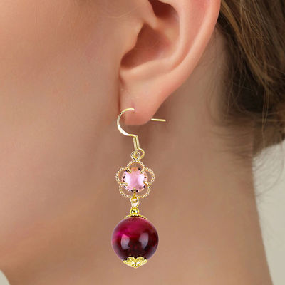 14MM Rose Red Tiger Eye With Pink Flower Charm Round Shape Short Drop Earring For Party Gift
