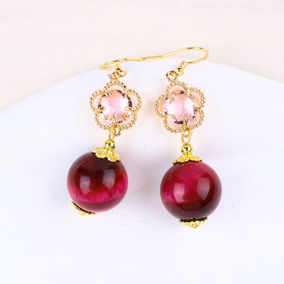 14MM Rose Red Tiger Eye With Pink Flower Charm Round Shape Short Drop Earring For Party Gift