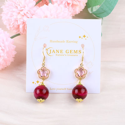 14MM Rose Red Tiger Eye With Pink Flower Charm Round Shape Short Drop Earring For Party Gift