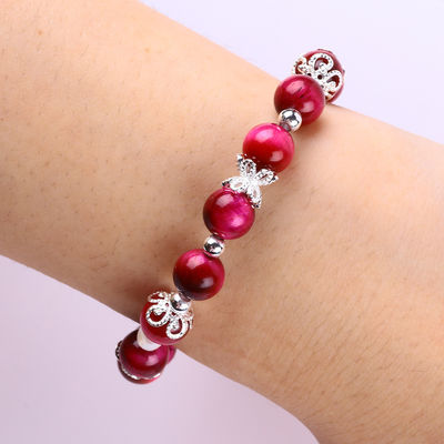 8mm Round Stone Rose Red Tiger'S Eye Beaded Stretch Bracelet