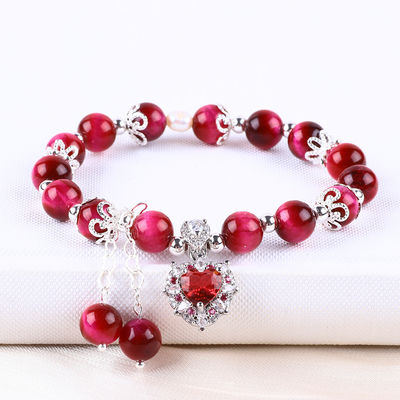 8mm Round Stone Rose Red Tiger'S Eye Beaded Stretch Bracelet