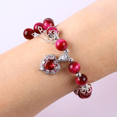 8mm Round Stone Rose Red Tiger'S Eye Beaded Stretch Bracelet