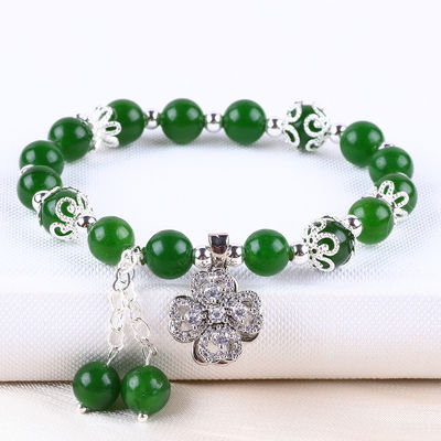 8MM Darker Green Jade Stone With Spinner Flower Charm Spiritual Healing Round Shape Stretch Bead Bracelet