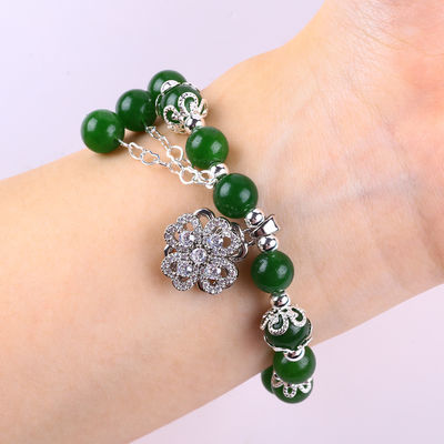 8MM Darker Green Jade Stone With Spinner Flower Charm Spiritual Healing Round Shape Stretch Bead Bracelet