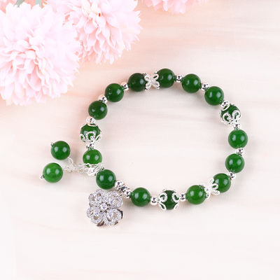 8MM Darker Green Jade Stone With Spinner Flower Charm Spiritual Healing Round Shape Stretch Bead Bracelet