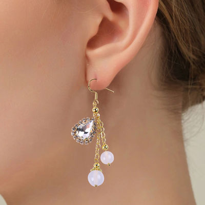 10MM 8MM Natural Crystal White Agate With Sparkling ​Teardrop Charm Dangle Bead Earring