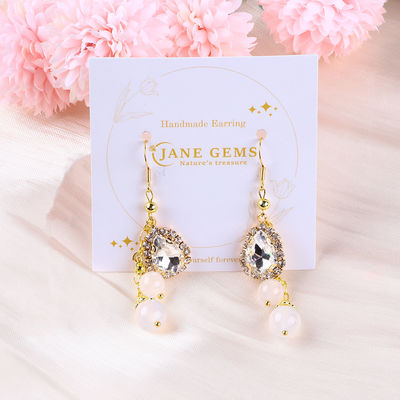 10MM 8MM Natural Crystal White Agate With Sparkling ​Teardrop Charm Dangle Bead Earring