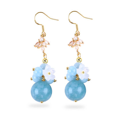Custom DIY Crystal Aquamarine With White Flower Charm Round Shape Bead Earring For Daily Wear