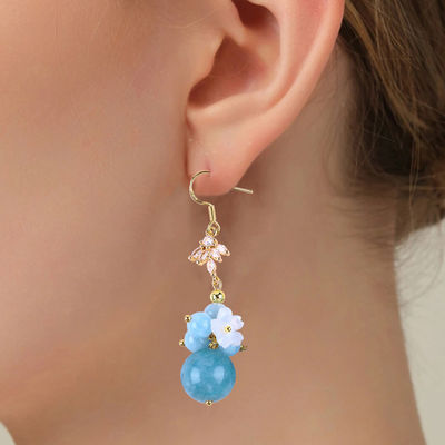 Custom DIY Crystal Aquamarine With White Flower Charm Round Shape Bead Earring For Daily Wear