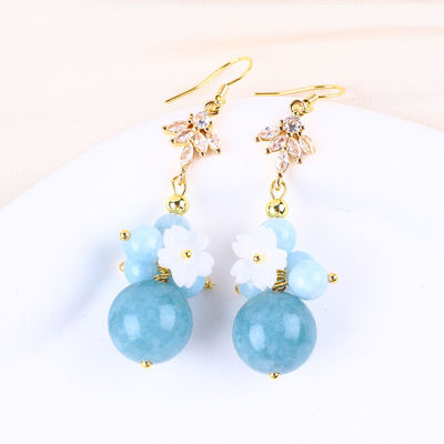 Custom DIY Crystal Aquamarine With White Flower Charm Round Shape Bead Earring For Daily Wear