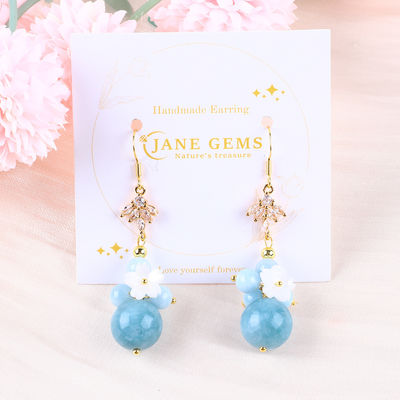 Custom DIY Crystal Aquamarine With White Flower Charm Round Shape Bead Earring For Daily Wear