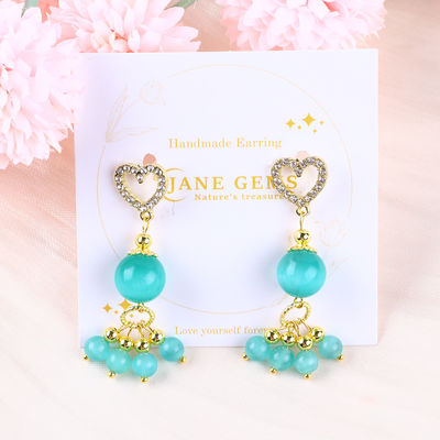 Handmade 6MM 12MM Green Cat Eye Gemstone With Heart Stud Dangle Earring For Gift Giving