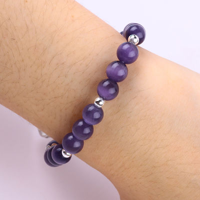 Gemstone Purple Cat Eye With Bear Handmade Round Shape Stretch Bead Bracelet For Jewelry Gift