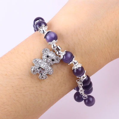 Gemstone Purple Cat Eye With Bear Handmade Round Shape Stretch Bead Bracelet For Jewelry Gift