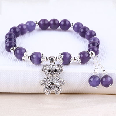 Gemstone Purple Cat Eye With Bear Handmade Round Shape Stretch Bead Bracelet For Jewelry Gift