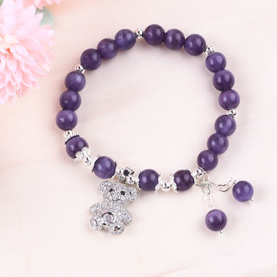 Gemstone Purple Cat Eye With Bear Handmade Round Shape Stretch Bead Bracelet For Jewelry Gift