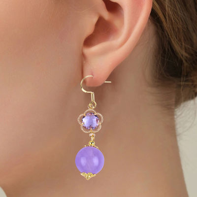 Handmade Crystal Stone Earrings Purple Chalcedony Gemstone Beaded Pendant Earrings Healing Crystal Stone  Earrings