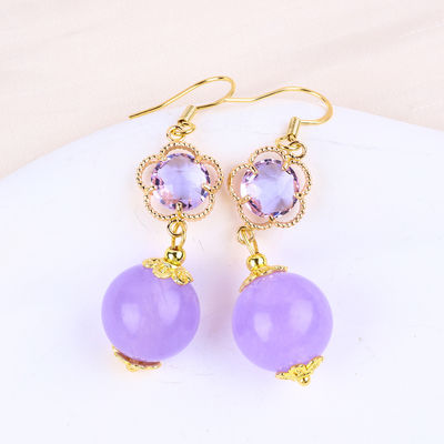 Handmade Crystal Stone Earrings Purple Chalcedony Gemstone Beaded Pendant Earrings Healing Crystal Stone  Earrings