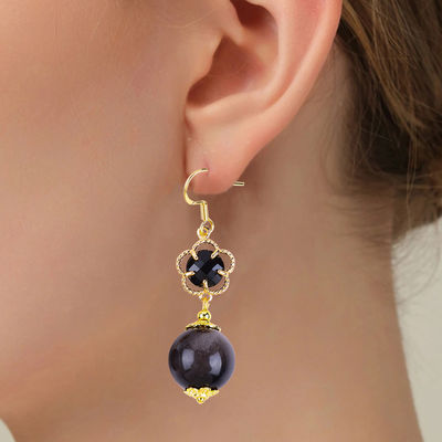 Handmade Crystal Stone Earrings Silver Sheen Obsidian Gemstone Beaded Pendant Earrings Healing Crystal Stone  Earrings