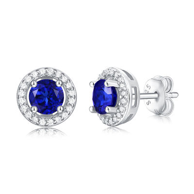 Blue 925 Sterling Silver Zircon Round Gemstone Stud Earrings For Gift Giving