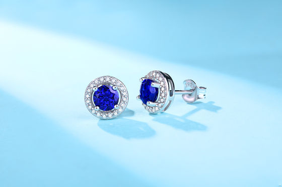 Blue 925 Sterling Silver Zircon Round Gemstone Stud Earrings For Gift Giving
