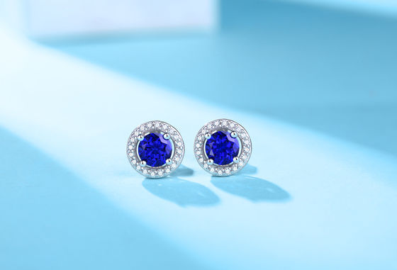 Blue 925 Sterling Silver Zircon Round Gemstone Stud Earrings For Gift Giving