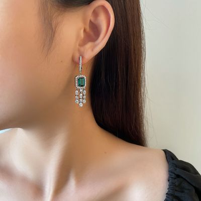 Green Gemstone Cubic Zirconia Long Drop Earrings For Wedding