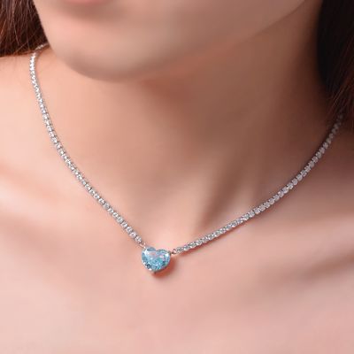 Elegant Heart Shape Aqua Blue 925 Sterling Silver Heart Gemstone Necklace