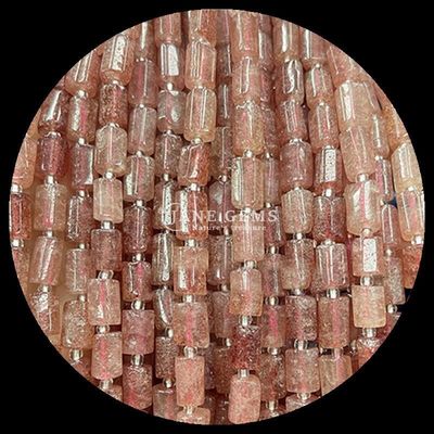 Gems Bead Natural Crystal Strawberry Quartz Gemstone Faceted Cylinder Shape Loose Bead Strands for Jewelry Making